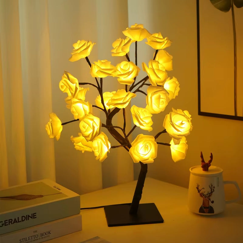 24 LED Red Rose Tree Lights Table Lamp Fairy Flower Night Light for Home Party Christmas Wedding Bedroom Decoration Gift