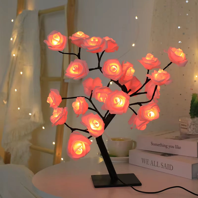 24 LED Red Rose Tree Lights Table Lamp Fairy Flower Night Light for Home Party Christmas Wedding Bedroom Decoration Gift