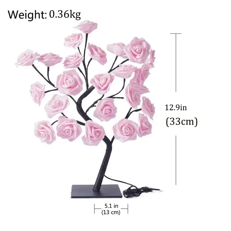 24 LED Red Rose Tree Lights Table Lamp Fairy Flower Night Light for Home Party Christmas Wedding Bedroom Decoration Gift