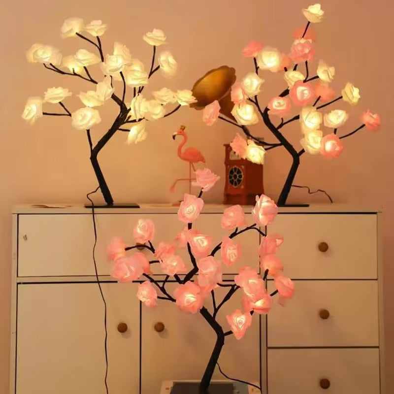 24 LED Red Rose Tree Lights Table Lamp Fairy Flower Night Light for Home Party Christmas Wedding Bedroom Decoration Gift