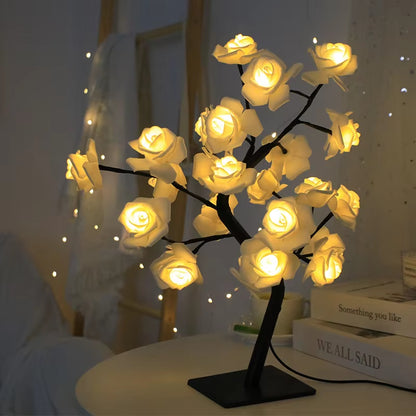 24 LED Red Rose Tree Lights Table Lamp Fairy Flower Night Light for Home Party Christmas Wedding Bedroom Decoration Gift