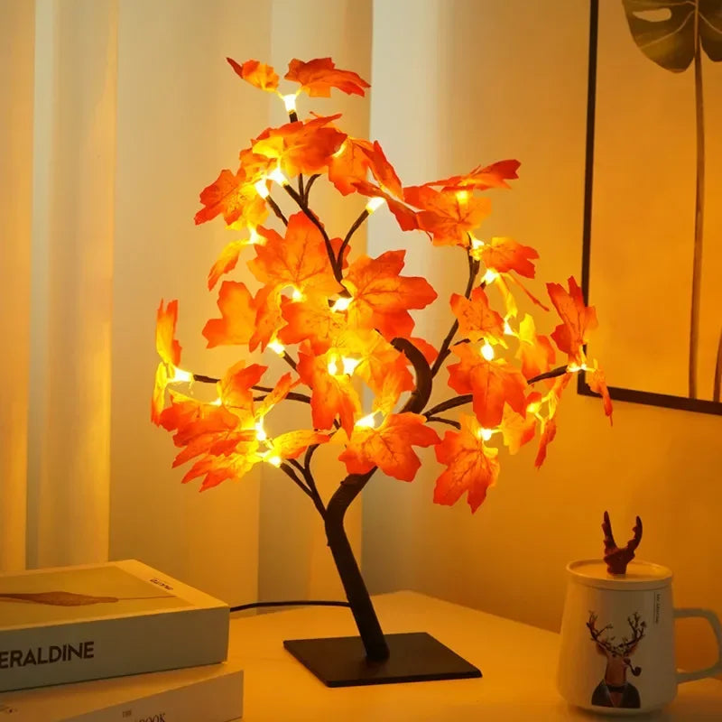 24 LED Maple Leaf Fairy Light Flower Tree Table Lamp Rose Night Light Gifts for Wedding Party Autumn Halloween Decoration