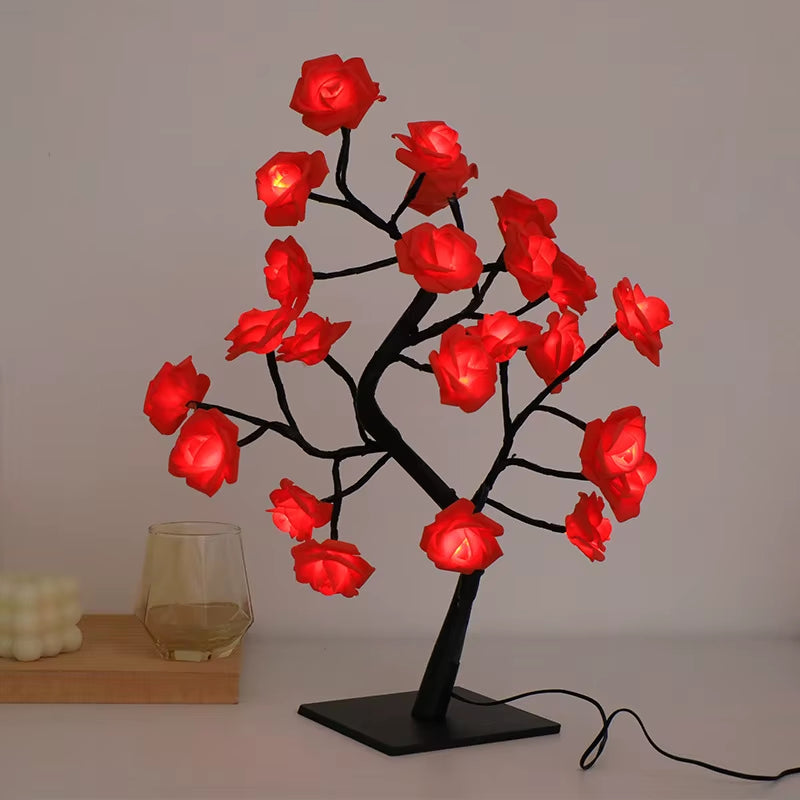 24 LED Red Rose Tree Lights Table Lamp Fairy Flower Night Light for Home Party Christmas Wedding Bedroom Decoration Gift